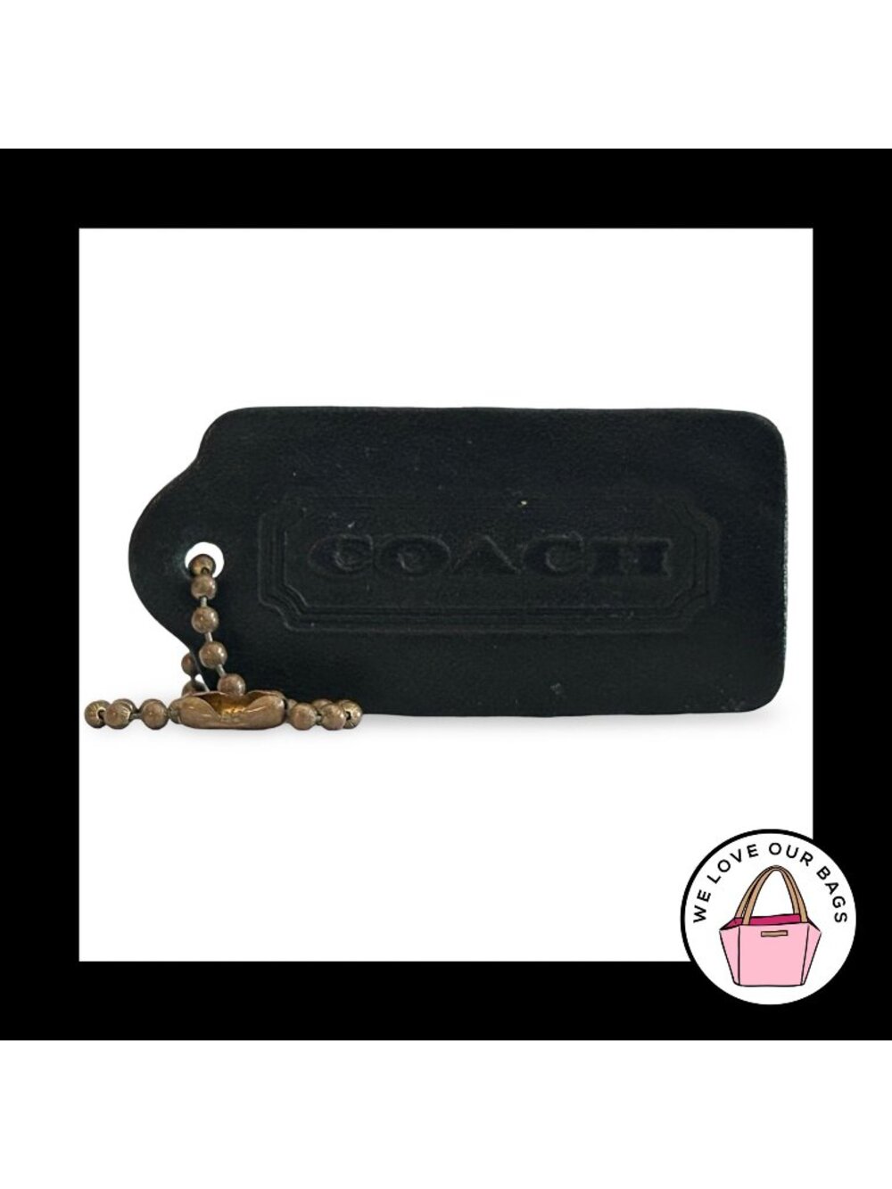 COACH VINTAGE DOUBLESIDED Hang Tag Black Leather Brass Bag Charm Keychain Fob